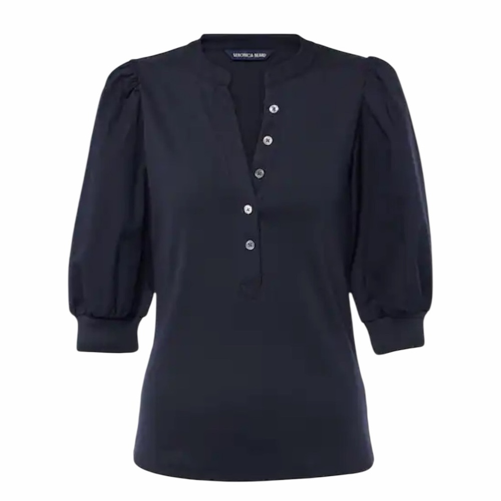 Veronica Beard Navy Blue Coralee Puff Sleeve Cotton Blend Shirt 3XL